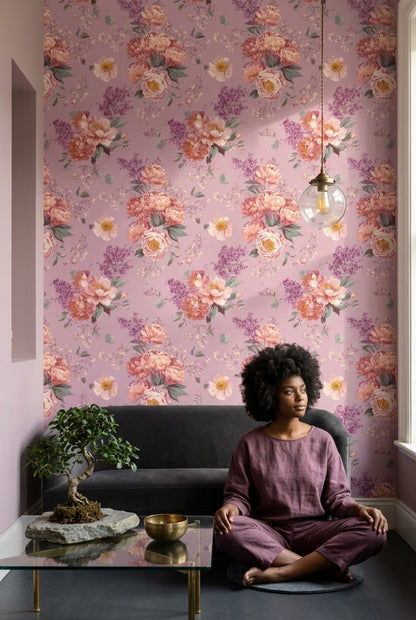 Romantik Çiçek Desenli Duvar Kağıdı Lila Zemin Salon