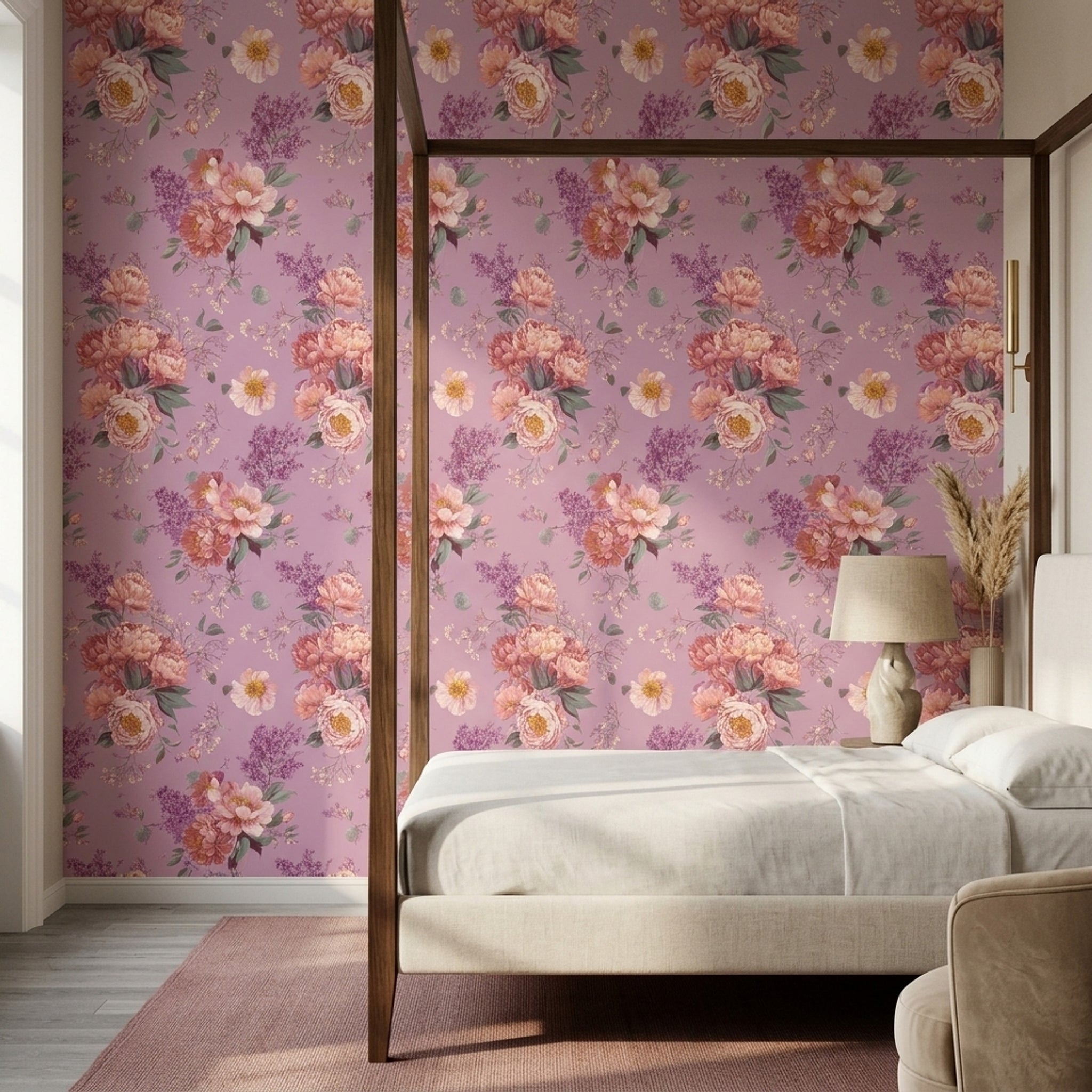 Romantik Çiçek Desenli Duvar Kağıdı Lila Zemin Salon