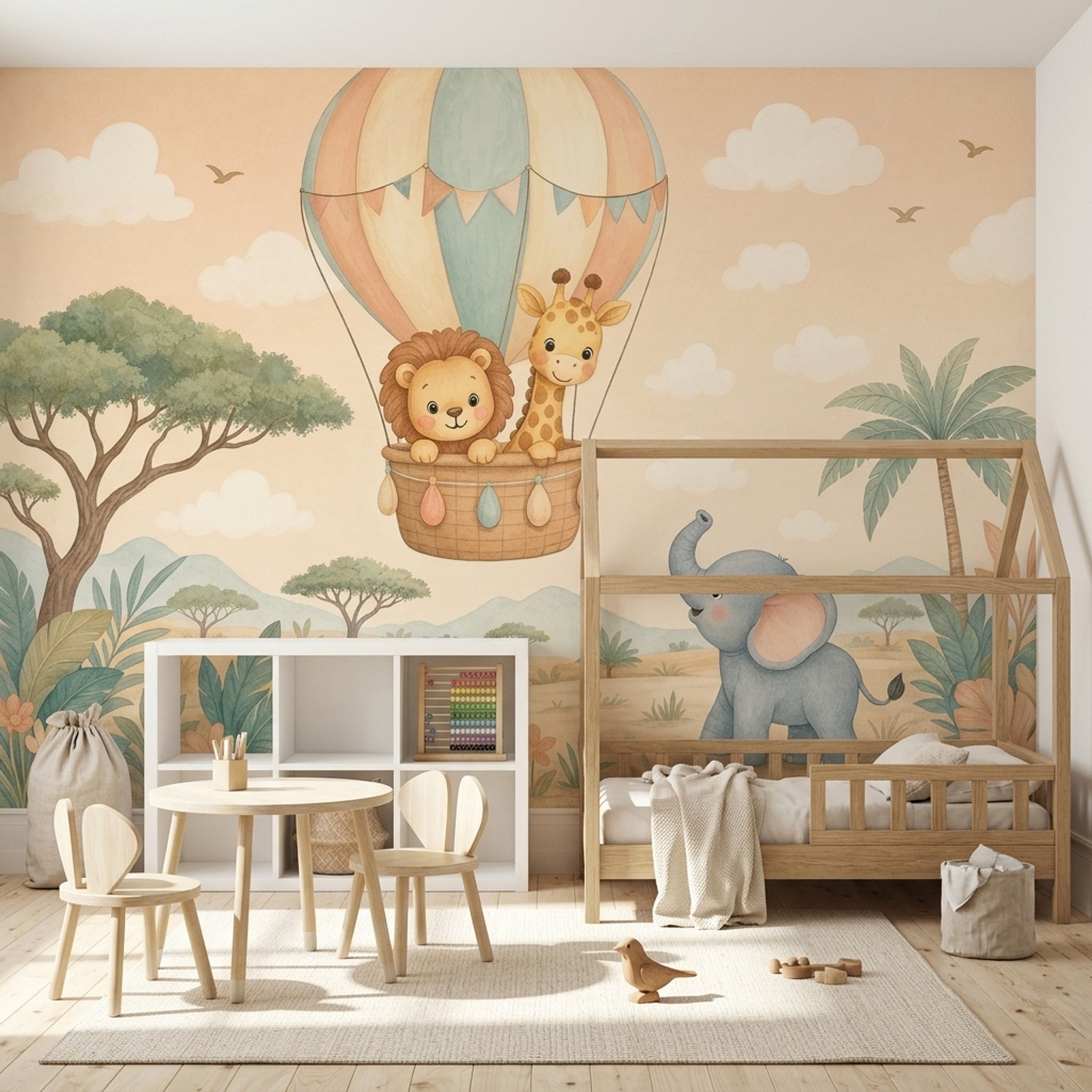 Balonlu Safari Hayvanları Poster Duvar Kağıdı Pastel Çocuk Odası