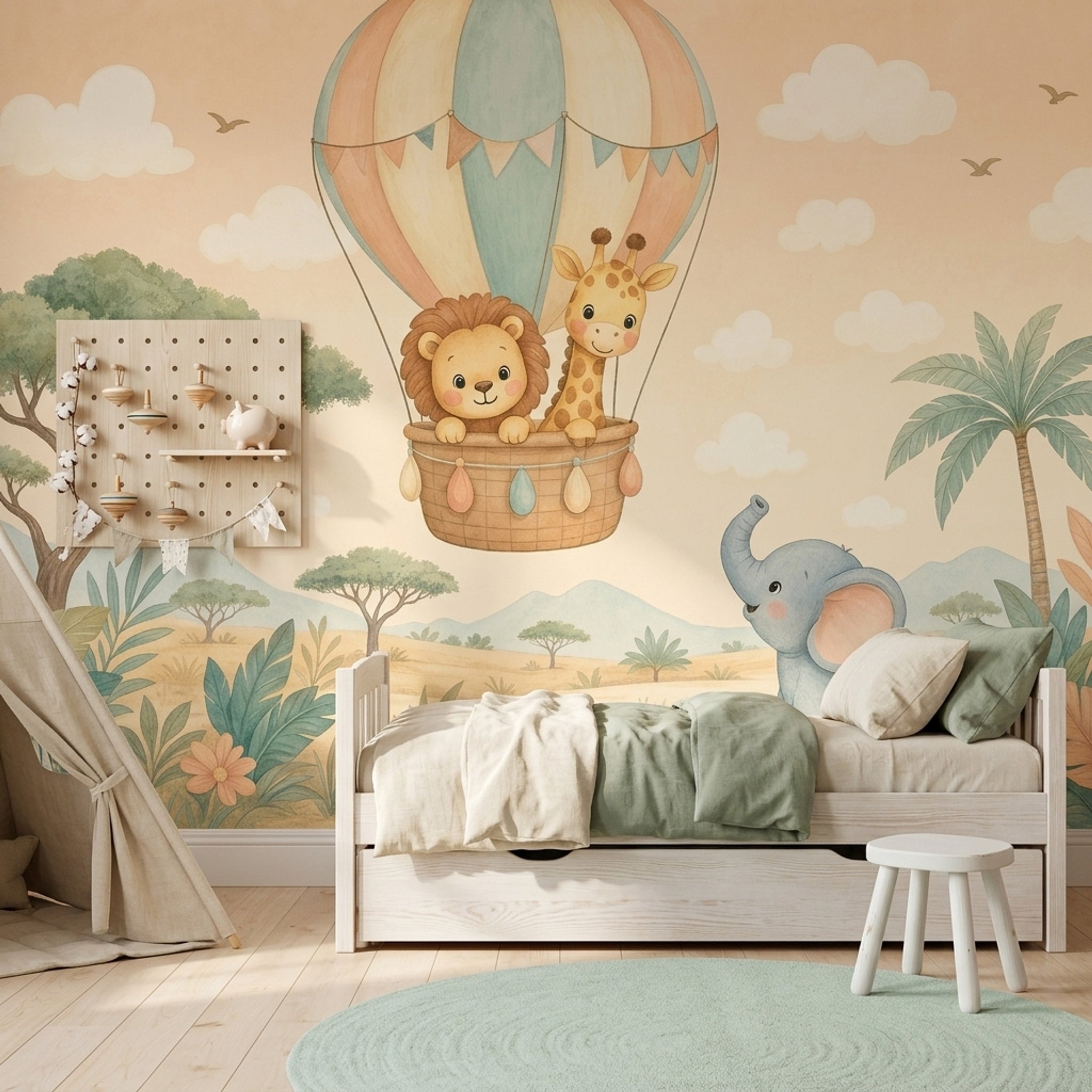 Balonlu Safari Hayvanları Poster Duvar Kağıdı Pastel Çocuk Odası