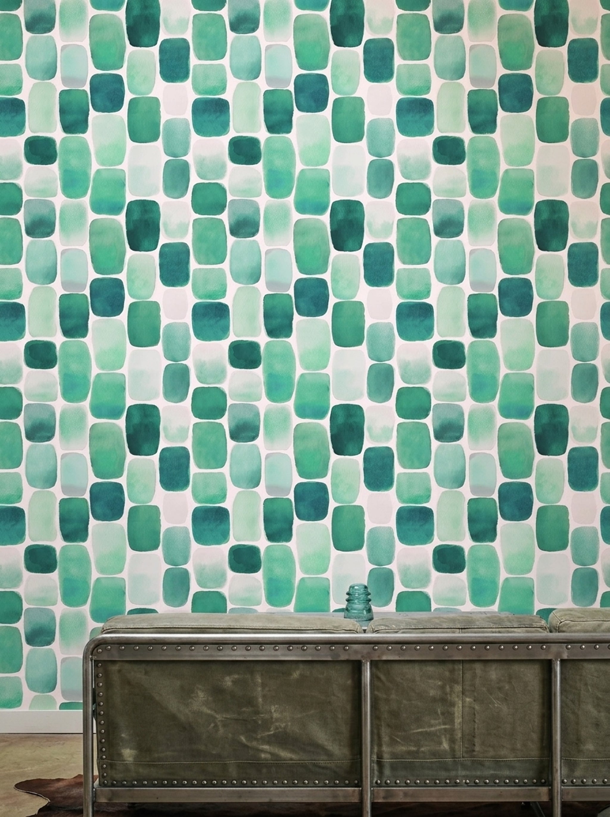 Yeşil Kare Geometrik Duvar Kağıdı Modern Salon Deseni