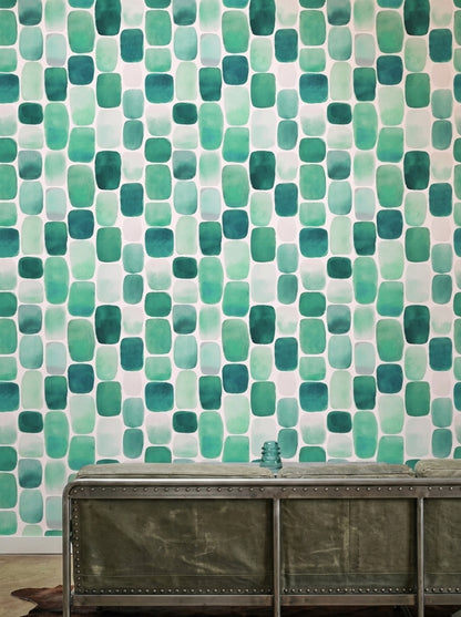 Yeşil Kare Geometrik Duvar Kağıdı Modern Salon Deseni