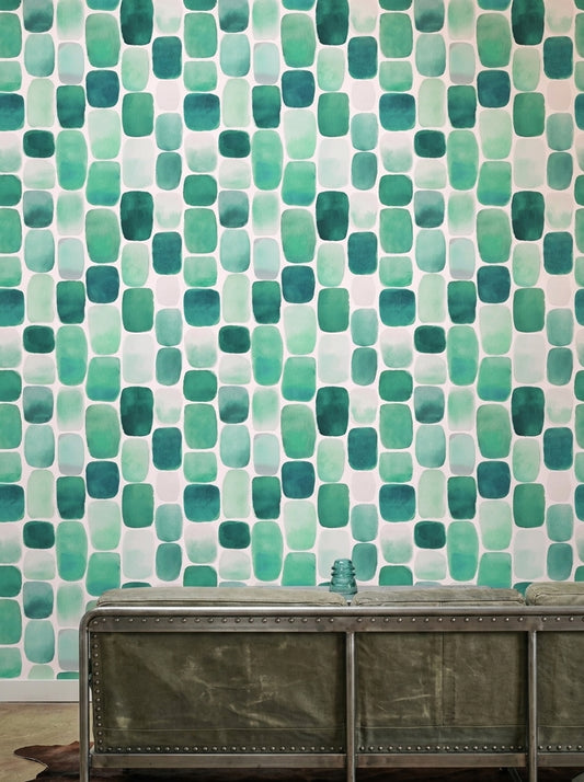 Yeşil Kare Geometrik Duvar Kağıdı Modern Salon Deseni