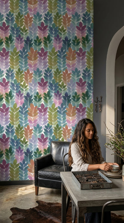 Renkli Yaprak Desenli Duvar Kağıdı Modern Salon Dekoru