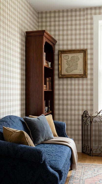 Bej Kareli Duvar Kağıdı Minimal Salon Yatak Odası