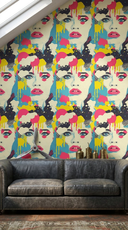 Pop Art Kadın Yüz Desenli Duvar Kağıdı Renkli Salon