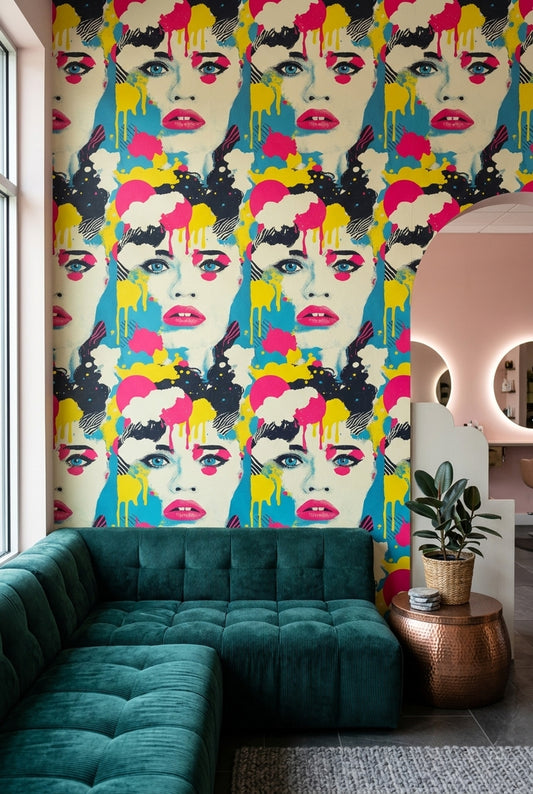 Pop Art Kadın Yüz Desenli Duvar Kağıdı Renkli Salon