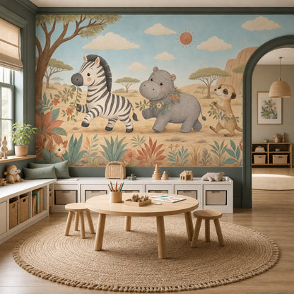 Safari Hayvanlı Poster Duvar Kağıdı Pastel Çocuk Odası Duvarı