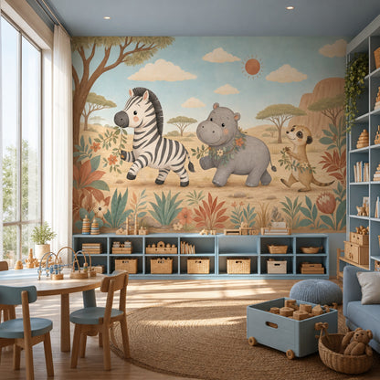 Safari Hayvanlı Poster Duvar Kağıdı Pastel Çocuk Odası Duvarı
