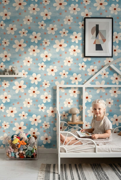 Papatya Desenli Duvar Kağıdı Mavi Zemin Çocuk Odası