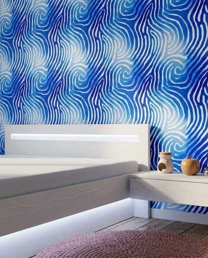 Mavi Dalga Desenli Duvar Kağıdı Modern Salon Dekoru