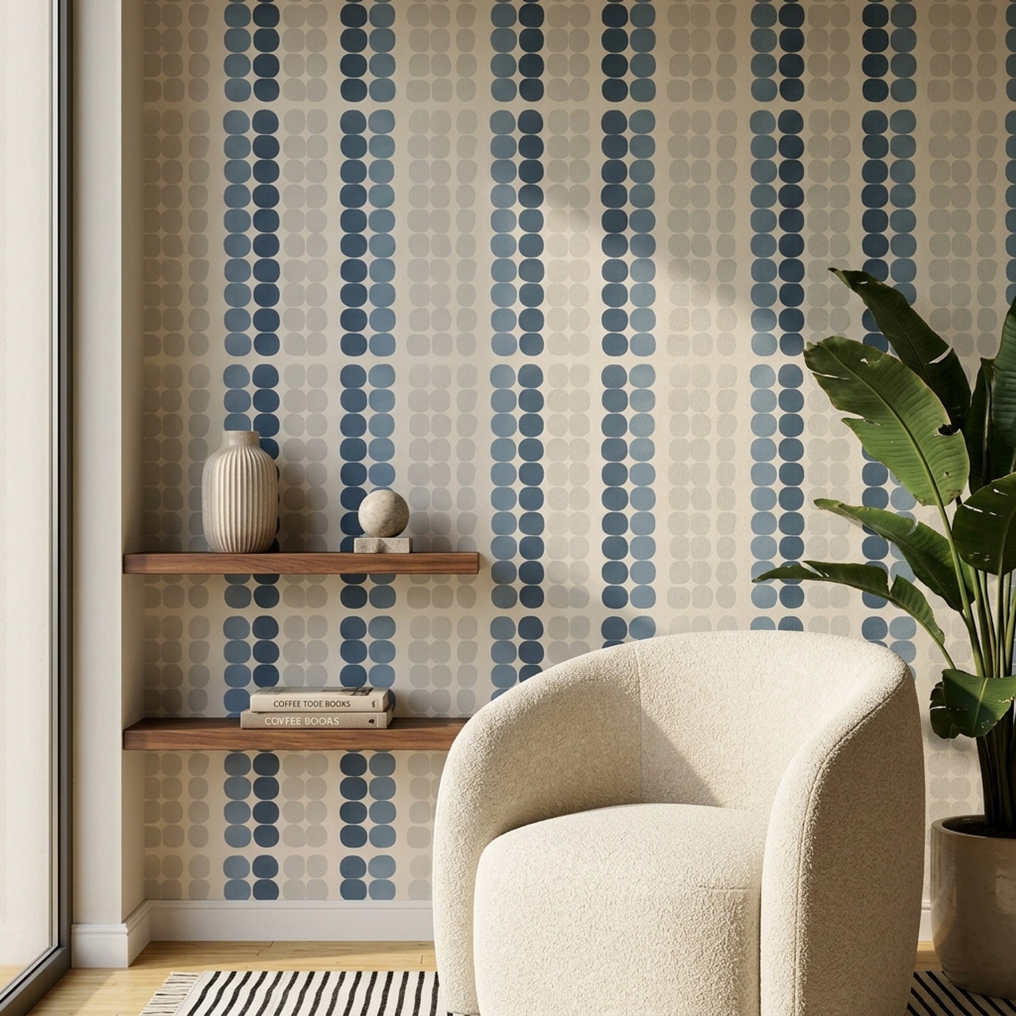 Geometrik Noktalı Duvar Kağıdı Mavi Bej Çizgili Salon