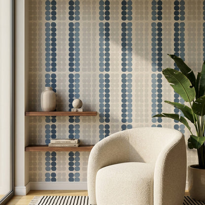 Geometrik Noktalı Duvar Kağıdı Mavi Bej Çizgili Salon
