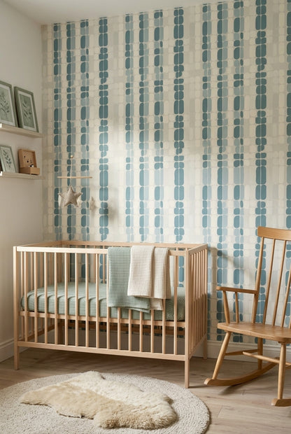 Geometrik Desenli Duvar Kağıdı Mavi Krem Modern Salon