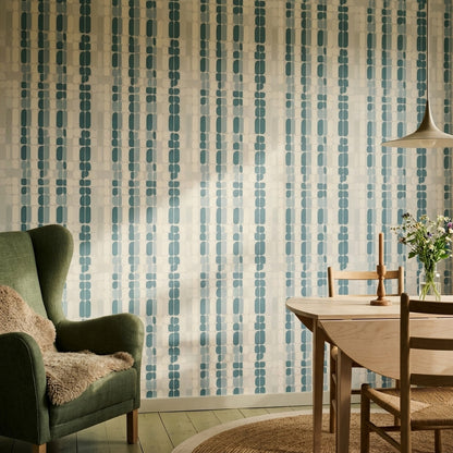 Geometrik Desenli Duvar Kağıdı Mavi Krem Modern Salon