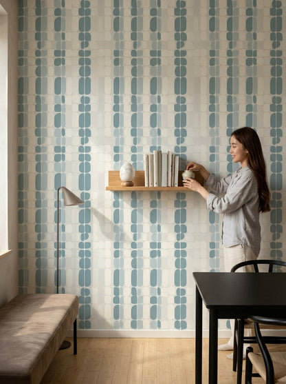 Geometrik Desenli Duvar Kağıdı Mavi Krem Modern Salon