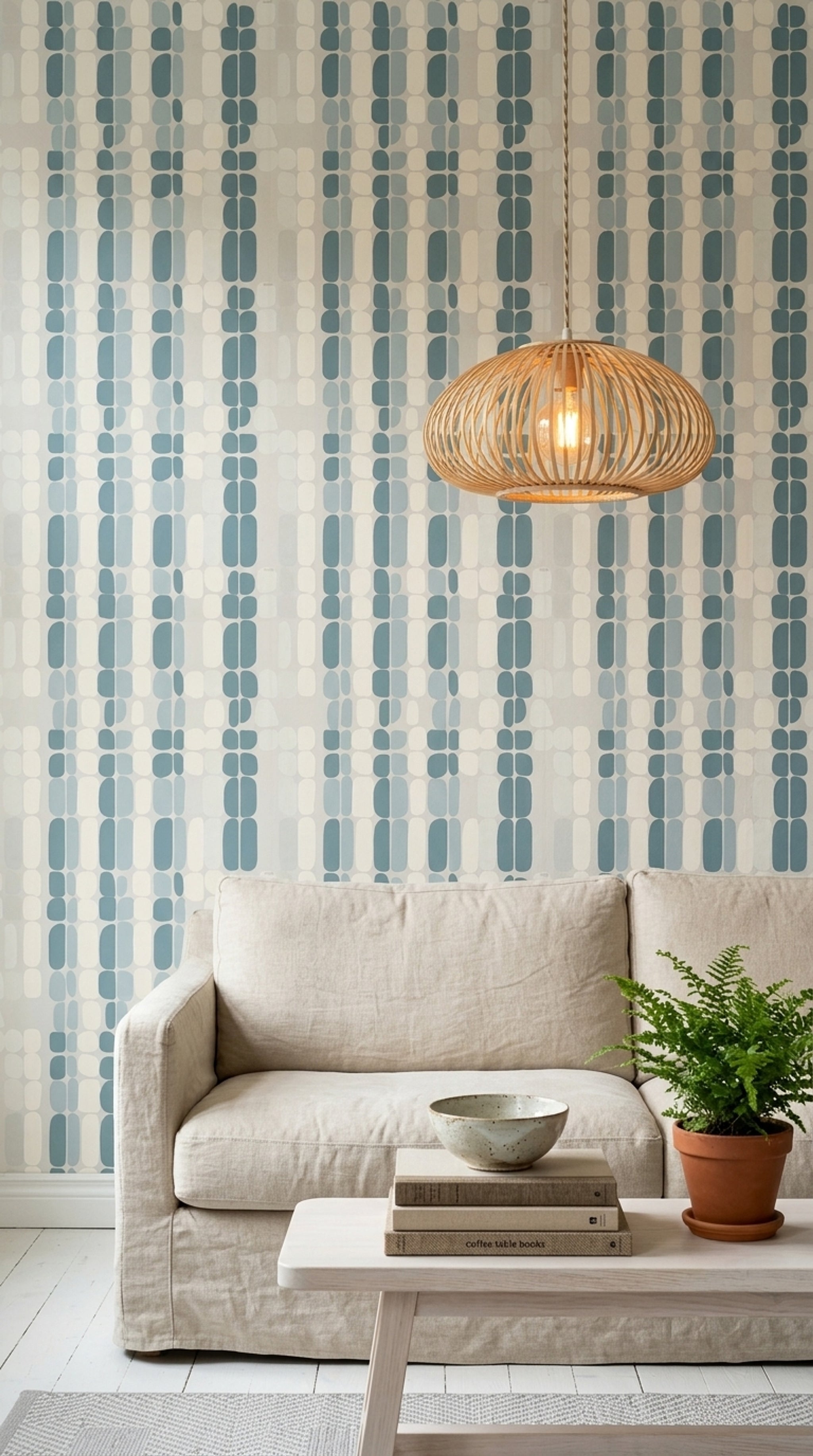 Geometrik Desenli Duvar Kağıdı Mavi Krem Modern Salon