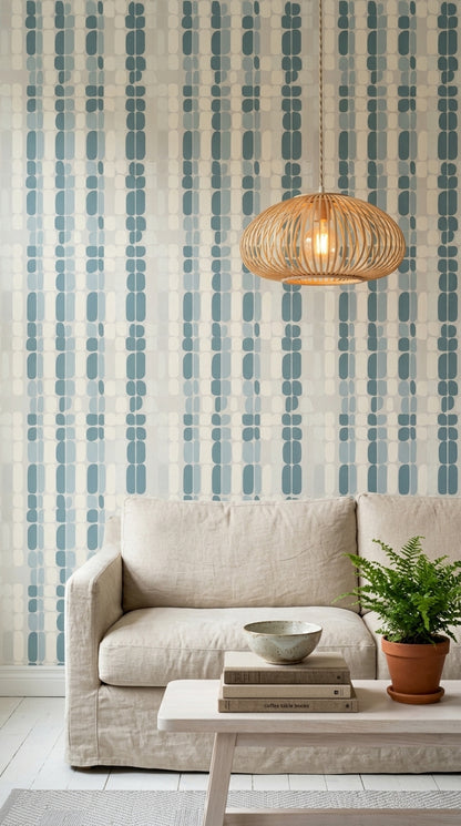 Geometrik Desenli Duvar Kağıdı Mavi Krem Modern Salon