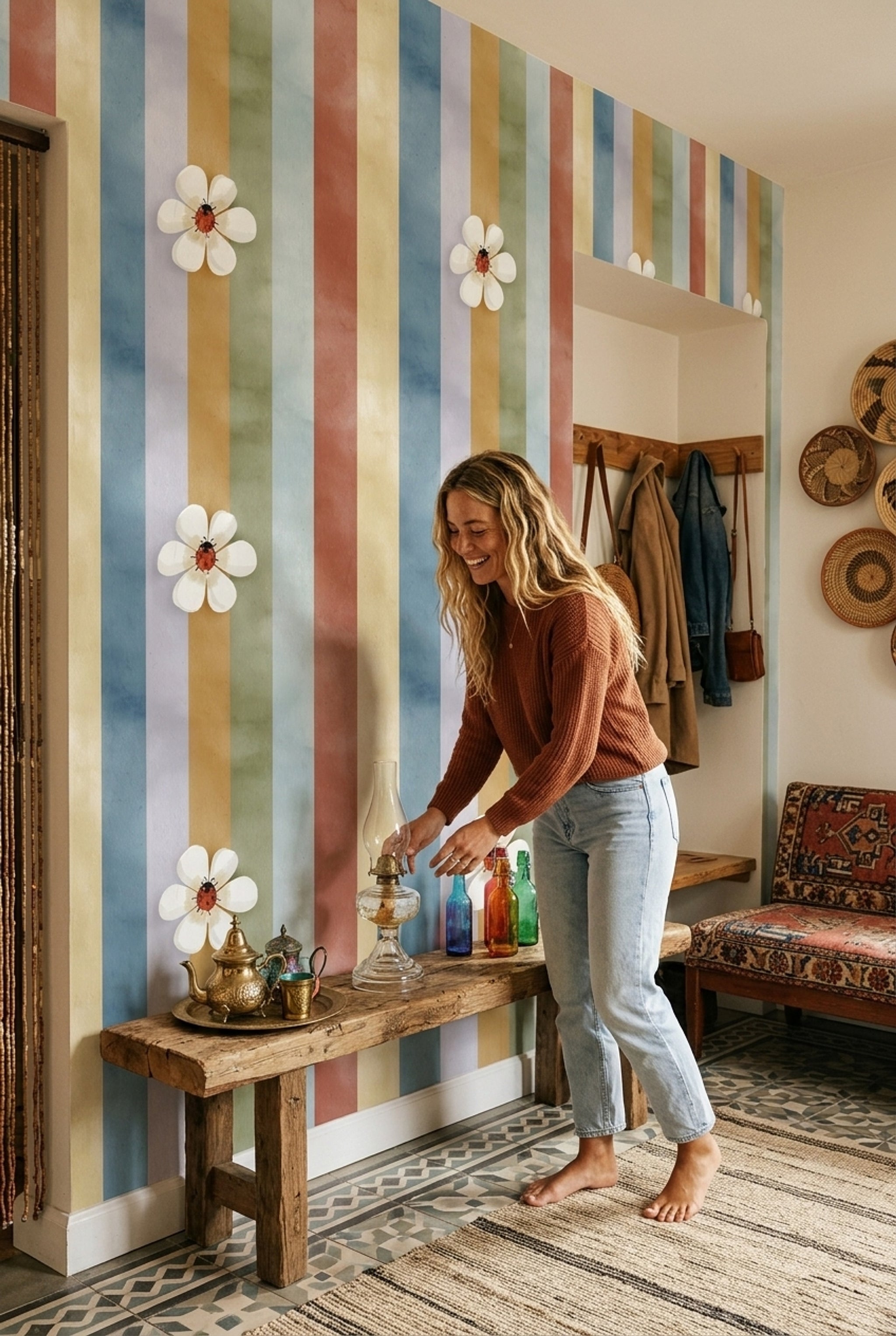Renkli Çizgili Çiçekli Duvar Kağıdı Modern Salon Duvar Dekoru