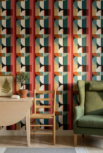 Geometrik Desenli Duvar Kağıdı Kırmızı ve Siyah Modern Salon