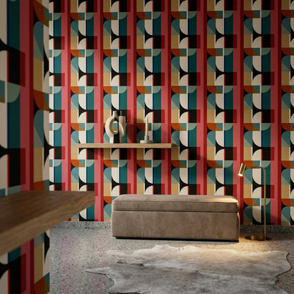 Geometrik Desenli Duvar Kağıdı Kırmızı ve Siyah Modern Salon