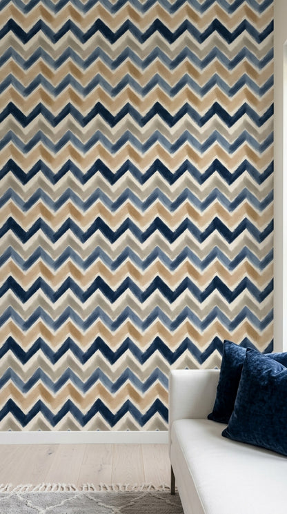 Zikzak Geometrik Duvar Kağıdı Lacivert Bej Modern Salon