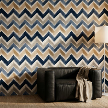 Zikzak Geometrik Duvar Kağıdı Lacivert Bej Modern Salon