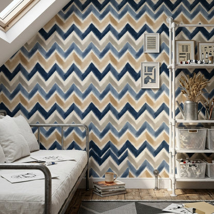 Zikzak Geometrik Duvar Kağıdı Lacivert Bej Modern Salon