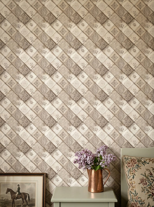 Vintage Patchwork Desenli Duvar Kağıdı Bej Klasik Salon