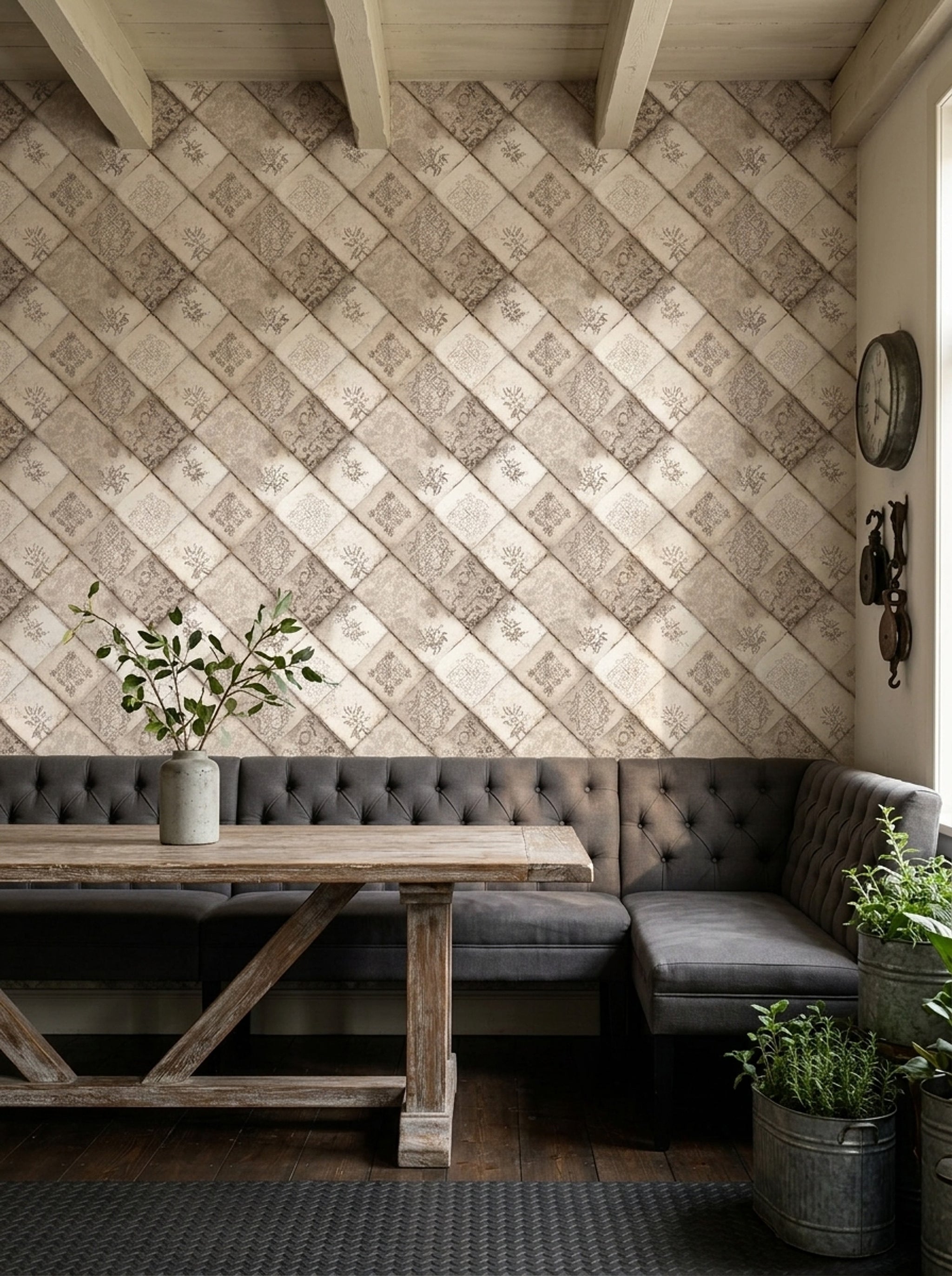 Vintage Patchwork Desenli Duvar Kağıdı Bej Klasik Salon