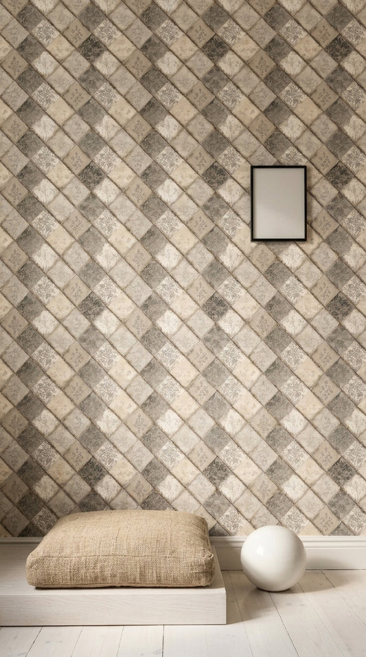 Patchwork Kareli Duvar Kağıdı Bej Gri Geometrik Desenli
