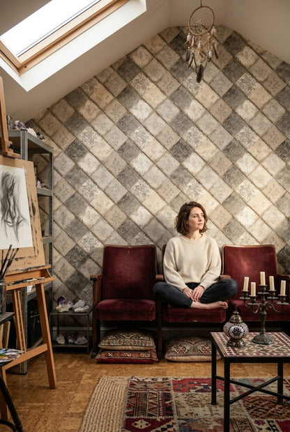 Patchwork Kareli Duvar Kağıdı Bej Gri Geometrik Desenli