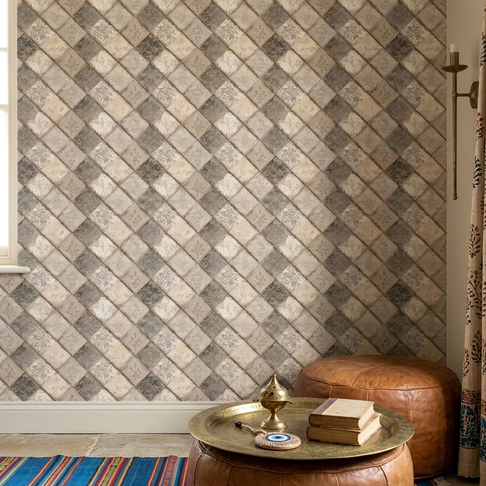 Patchwork Kareli Duvar Kağıdı Bej Gri Geometrik Desenli