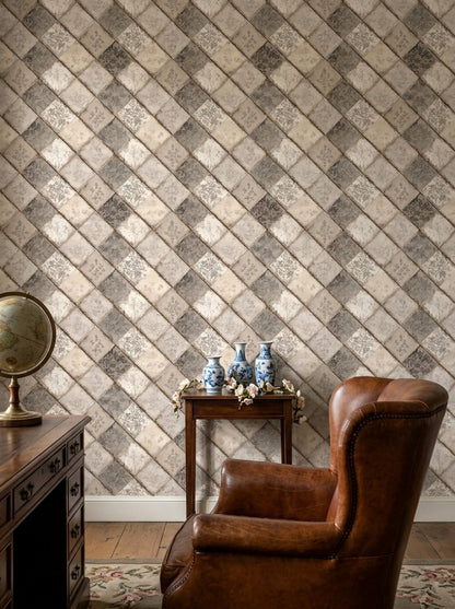 Patchwork Kareli Duvar Kağıdı Bej Gri Geometrik Desenli