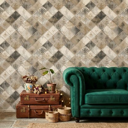 Damask Desenli Kareli Duvar Kağıdı Bej Gri Salon