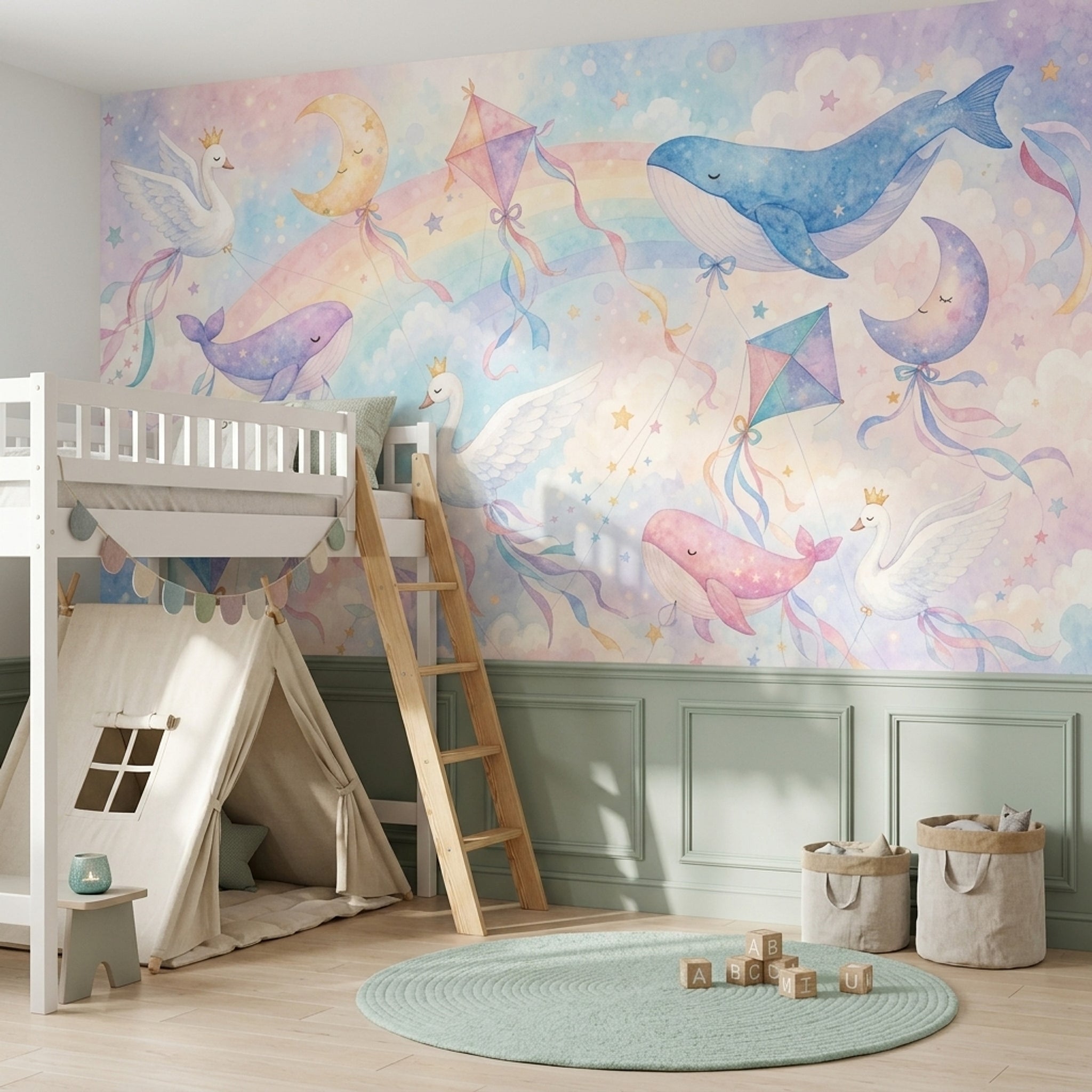 Gökkuşağı Balina Kuğulu Poster Duvar Kağıdı Pastel Çocuk Odası