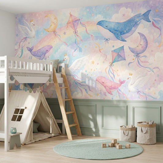 Gökkuşağı Balina Kuğulu Poster Duvar Kağıdı Pastel Çocuk Odası