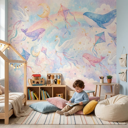 Gökkuşağı Balina Kuğulu Poster Duvar Kağıdı Pastel Çocuk Odası