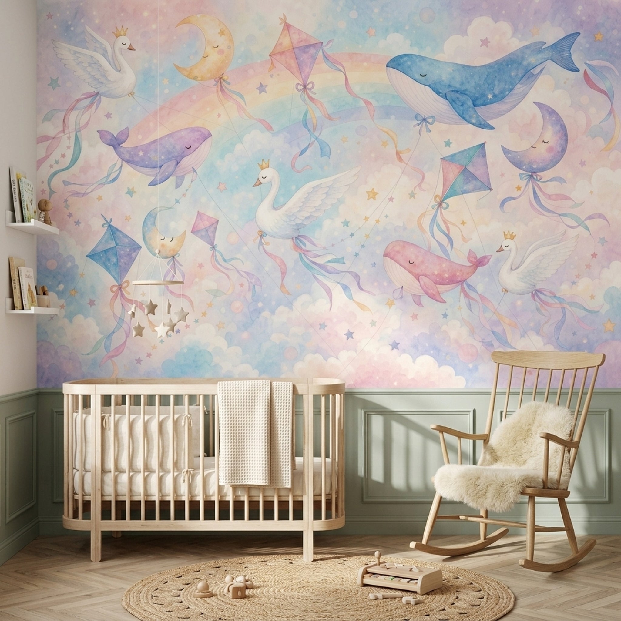 Gökkuşağı Balina Kuğulu Poster Duvar Kağıdı Pastel Çocuk Odası