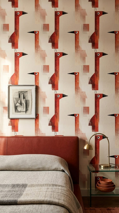 Geometrik Kuş Desenli Duvar Kağıdı Kiremit Kırmızı Retro