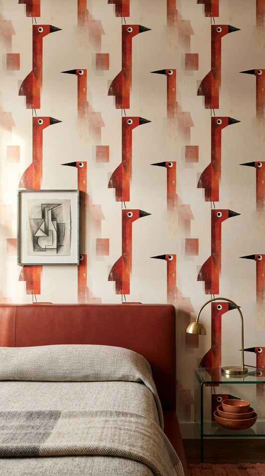 Geometrik Kuş Desenli Duvar Kağıdı Kiremit Kırmızı Retro