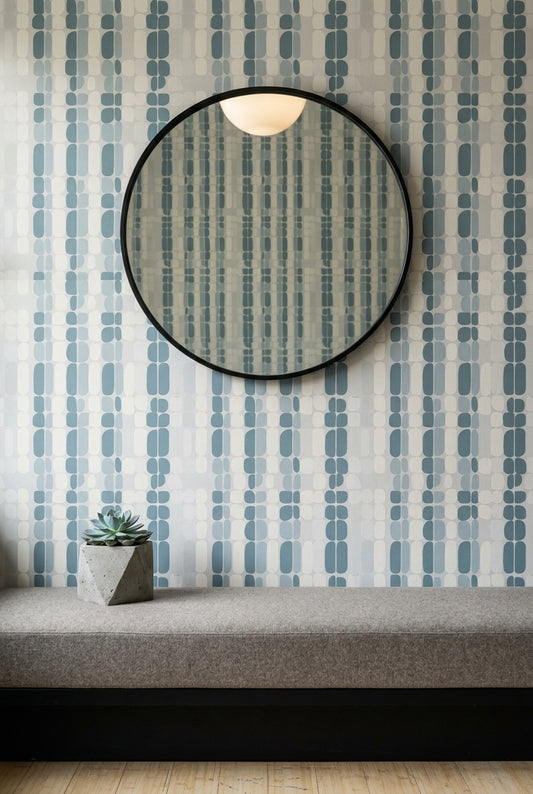 Geometrik Desenli Duvar Kağıdı Mavi Krem Modern Salon