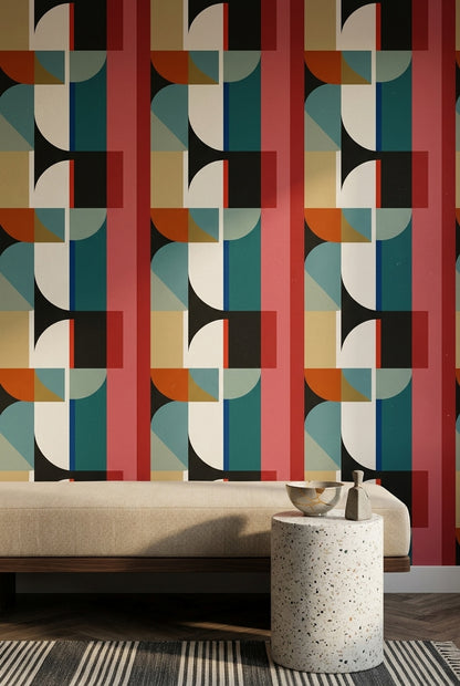 Geometrik Desenli Duvar Kağıdı Kırmızı ve Siyah Modern Salon