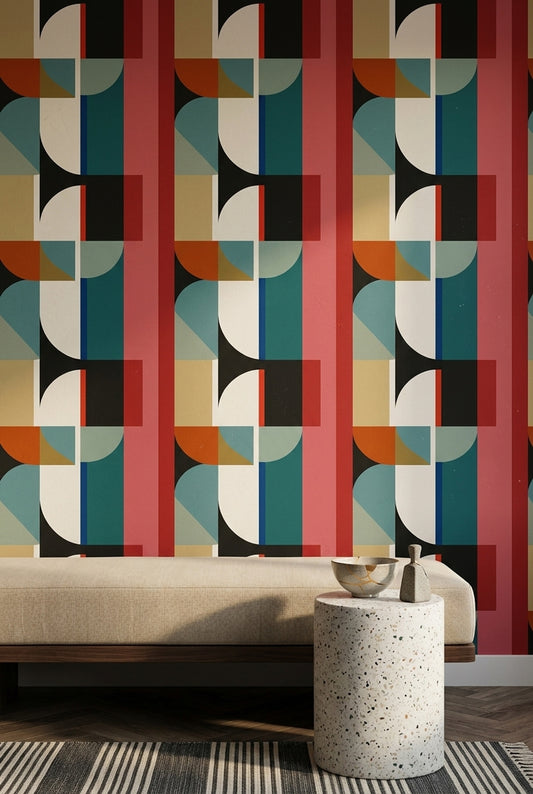 Geometrik Desenli Duvar Kağıdı Kırmızı ve Siyah Modern Salon