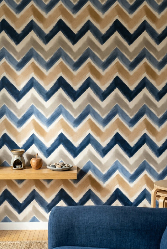 Zikzak Geometrik Duvar Kağıdı Lacivert Bej Modern Salon