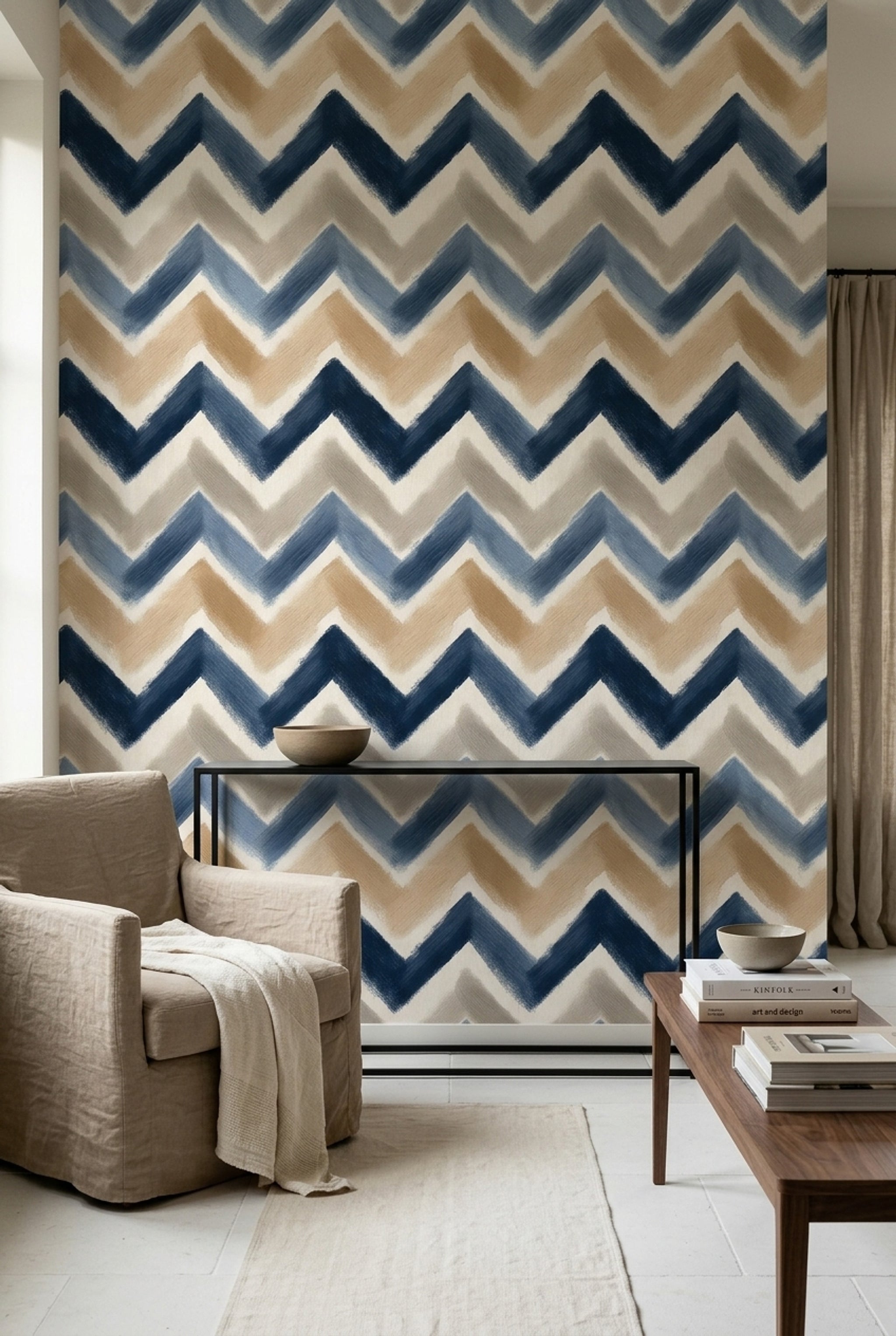 Zikzak Geometrik Duvar Kağıdı Lacivert Bej Modern Salon