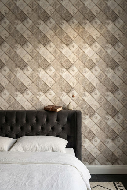 Vintage Patchwork Desenli Duvar Kağıdı Bej Klasik Salon