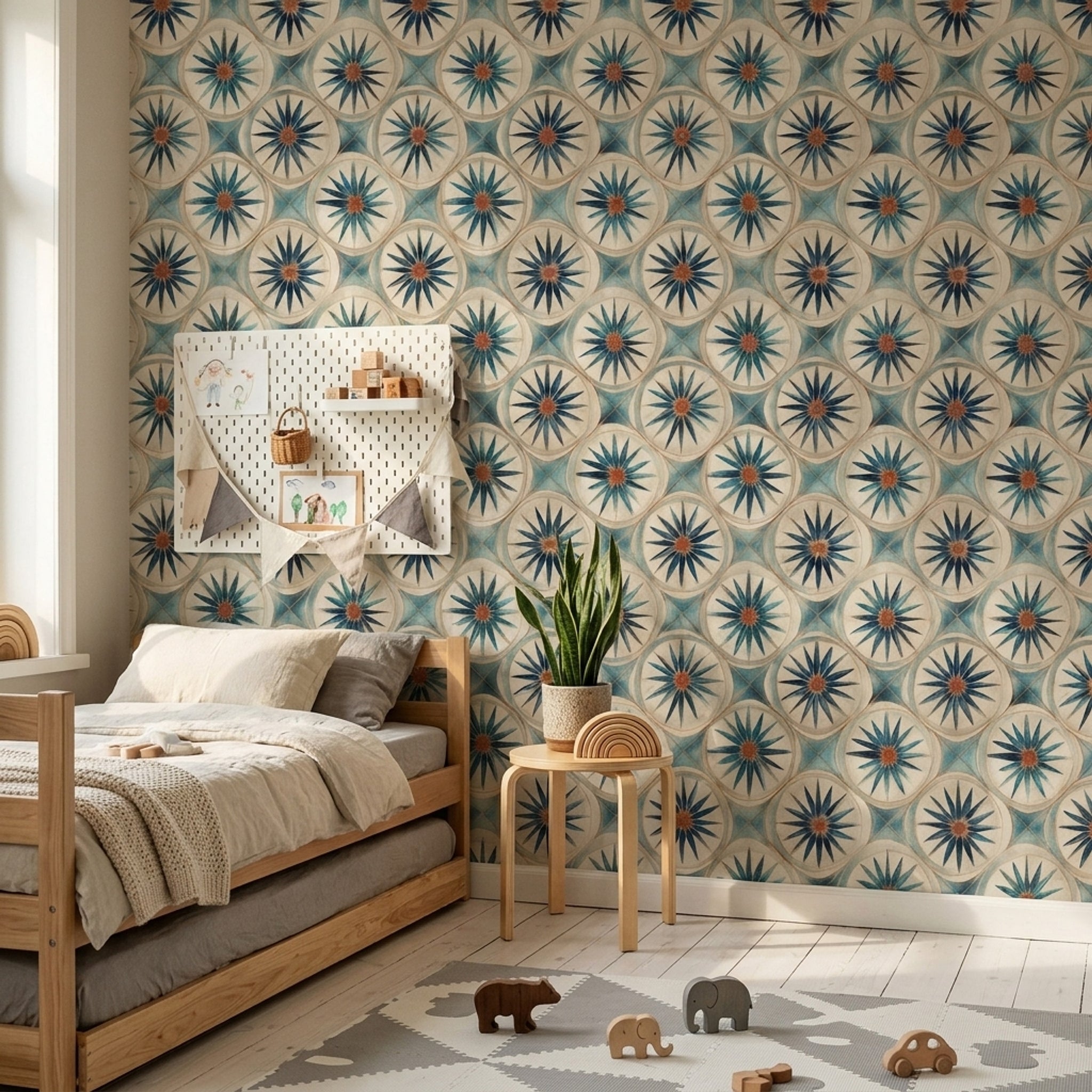 Geometrik Yıldız Motifli Duvar Kağıdı Mavi Beyaz Desenli