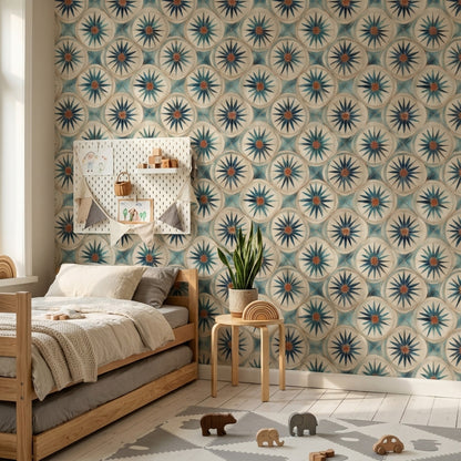 Geometrik Yıldız Motifli Duvar Kağıdı Mavi Beyaz Desenli