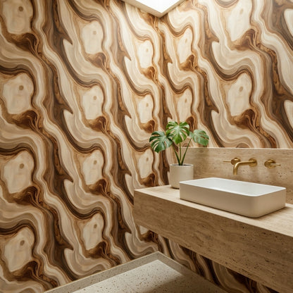 Soyut Dalgalı Duvar Kağıdı Bej Kahverengi Modern Salon